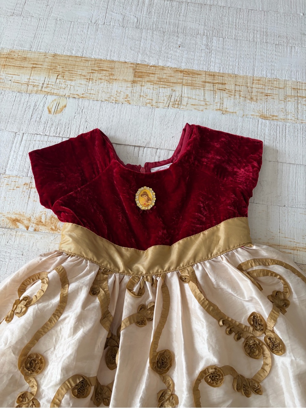 Disney Store size Small 5/6 Belle Red Velvet Gold Swirl Holiday Princess Dress - Picture 4 of 11